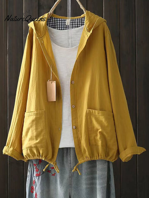 Women's Solid Color Long Sleeve Casual Cotton and Linen Hooded Cardigan