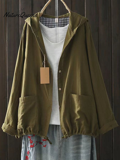 Women's Solid Color Long Sleeve Casual Cotton and Linen Hooded Cardigan
