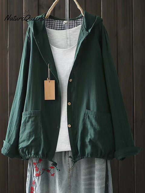 Women's Solid Color Long Sleeve Casual Cotton and Linen Hooded Cardigan