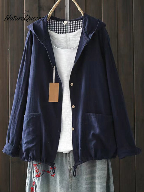 Women's Solid Color Long Sleeve Casual Cotton and Linen Hooded Cardigan