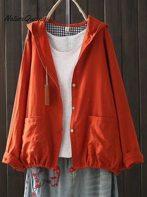 Women's Solid Color Long Sleeve Casual Cotton and Linen Hooded Cardigan
