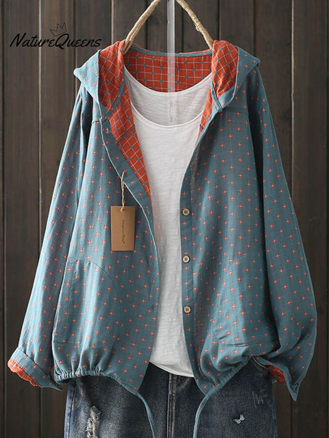 Women's Geometric Floral Print Long Sleeve Casual Cotton and Linen Hooded Cardigan