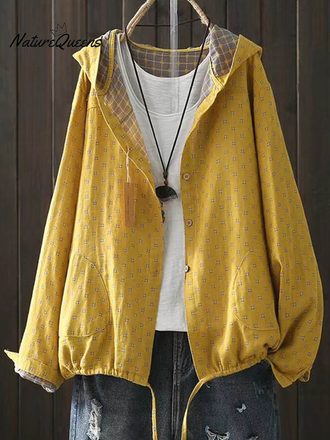 Women's Geometric Floral Print Long Sleeve Casual Cotton and Linen Hooded Cardigan