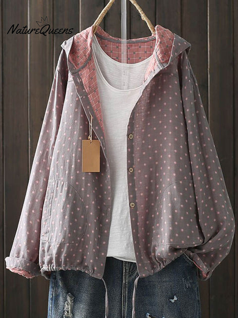 Women's Geometric Floral Print Long Sleeve Casual Cotton and Linen Hooded Cardigan