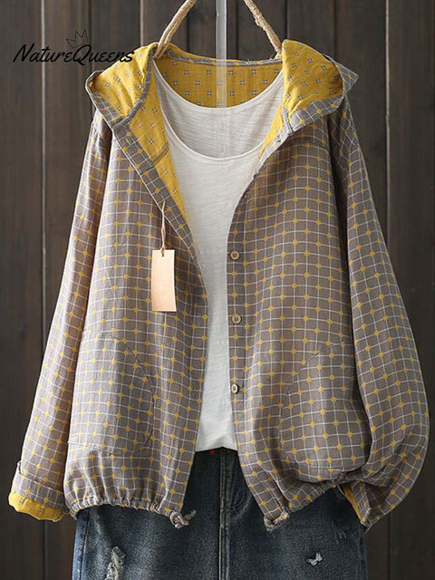 Women's Geometric Floral Print Long Sleeve Casual Cotton and Linen Hooded Cardigan