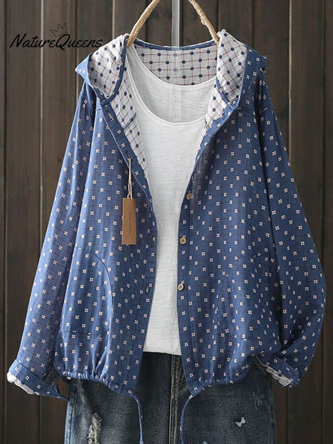 Women's Geometric Floral Print Long Sleeve Casual Cotton and Linen Hooded Cardigan