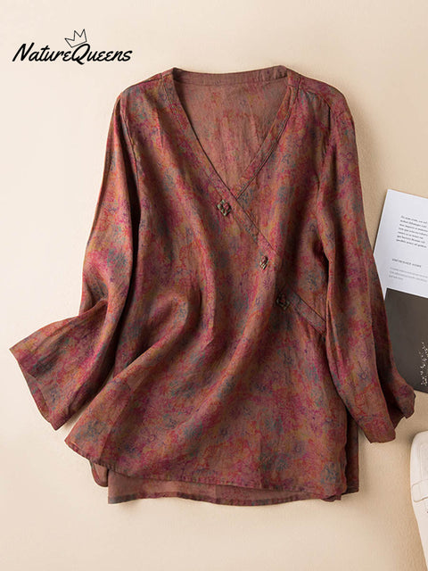Women's Retro Print V-Neck Long Sleeve Casual Cotton and Linen Top