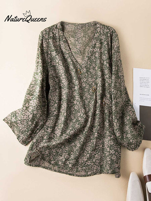 Women's Retro Print V-Neck Long Sleeve Casual Cotton and Linen Top