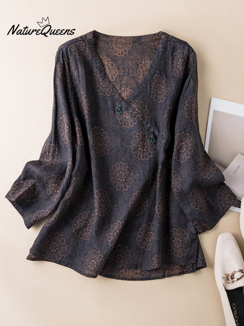 Women's Retro Print V-Neck Long Sleeve Casual Cotton and Linen Top