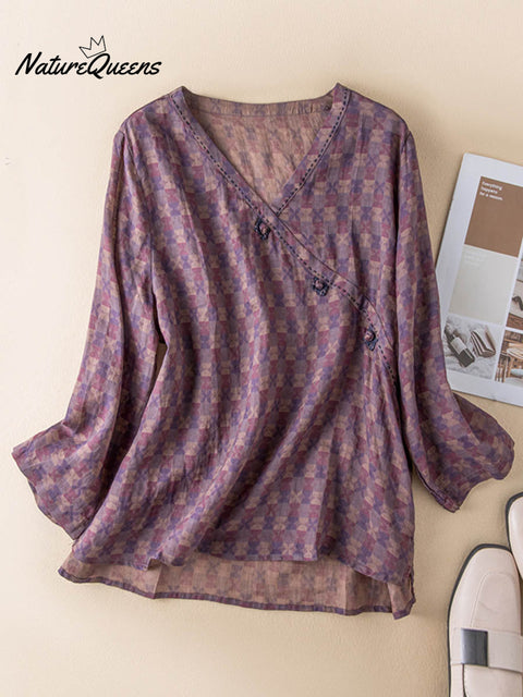 Women's Retro Print V-Neck Long Sleeve Casual Cotton and Linen Top