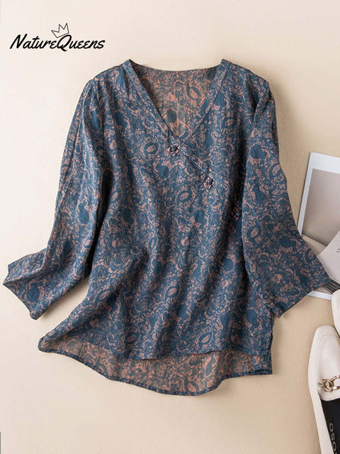 Women's Retro Print V-Neck Long Sleeve Casual Cotton and Linen Top