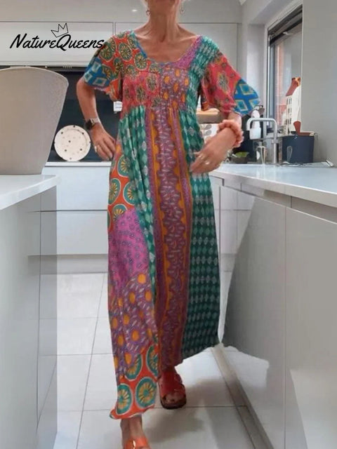 Women's Retro Print Round Neck Short Sleeve Casual Cotton and Linen Dress