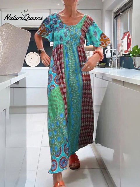 Women's Retro Print Round Neck Short Sleeve Casual Cotton and Linen Dress