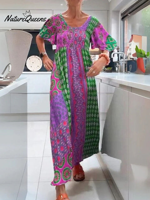 Women's Retro Print Round Neck Short Sleeve Casual Cotton and Linen Dress
