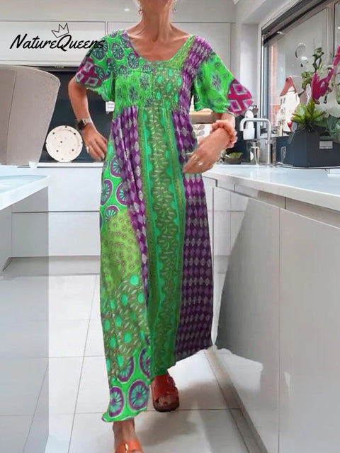 Women's Retro Print Round Neck Short Sleeve Casual Cotton and Linen Dress