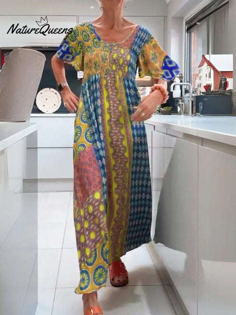 Women's Retro Print Round Neck Short Sleeve Casual Cotton and Linen Dress