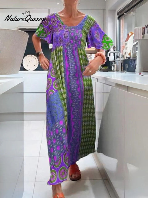 Women's Retro Print Round Neck Short Sleeve Casual Cotton and Linen Dress