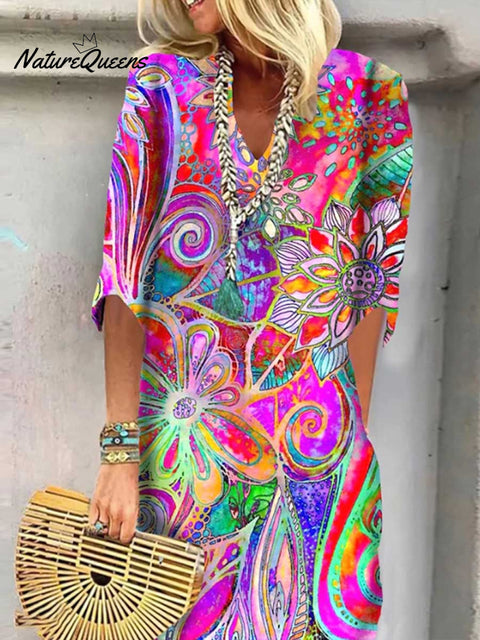 Women's Abstract Retro Print V-Neck 3/4 Sleeve Casual Cotton and Linen Dress