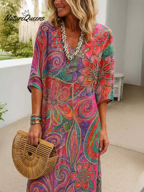Women's Abstract Retro Print V-Neck 3/4 Sleeve Casual Cotton and Linen Dress