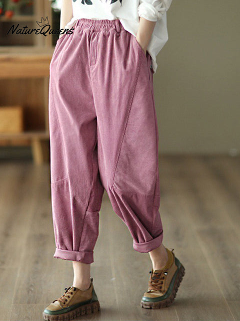 Women's Solid Color Elastic Waist Casual Pocket Cropped Pants