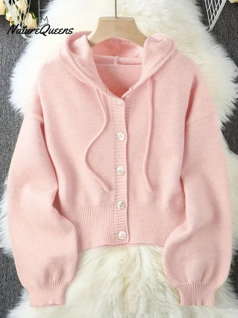 Women's Solid Color Long Sleeve Hooded Drawstring Casual Knit Cardigan