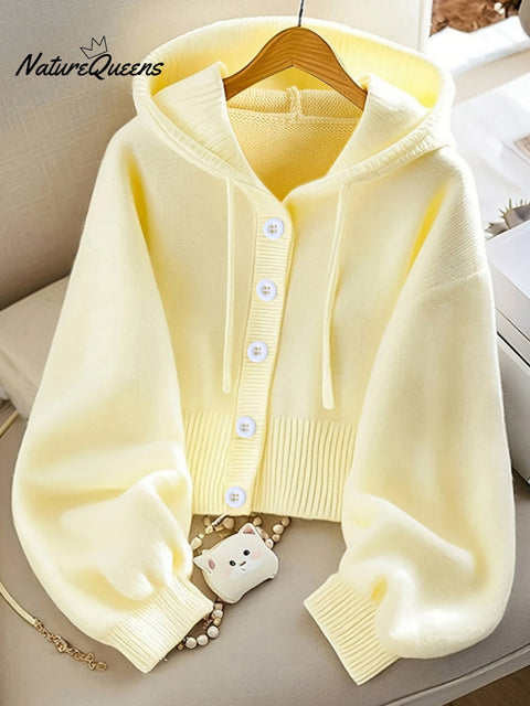 Women's Solid Color Long Sleeve Hooded Drawstring Casual Knit Cardigan