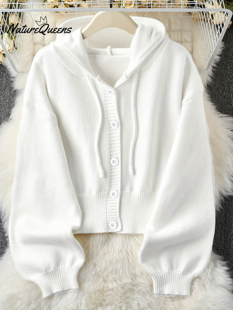 Women's Solid Color Long Sleeve Hooded Drawstring Casual Knit Cardigan