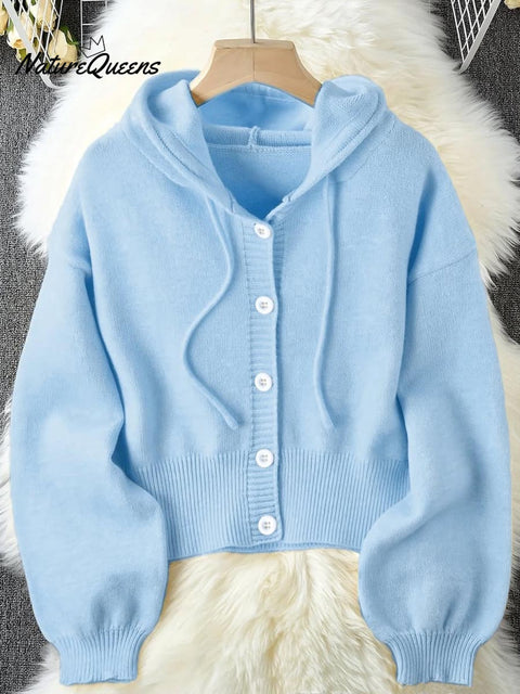 Women's Solid Color Long Sleeve Hooded Drawstring Casual Knit Cardigan