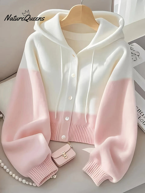 Women's Gradient Long Sleeve Hooded Drawstring Casual Knit Cardigan