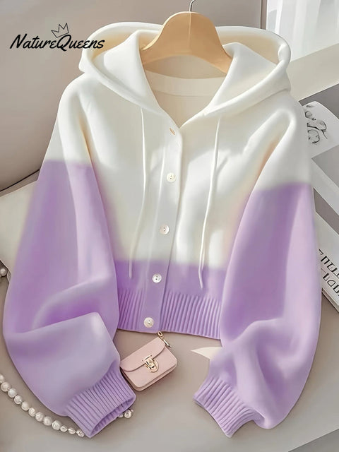 Women's Gradient Long Sleeve Hooded Drawstring Casual Knit Cardigan