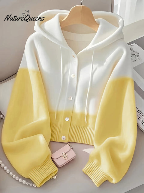 Women's Gradient Long Sleeve Hooded Drawstring Casual Knit Cardigan