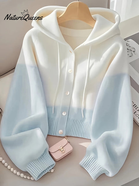 Women's Gradient Long Sleeve Hooded Drawstring Casual Knit Cardigan