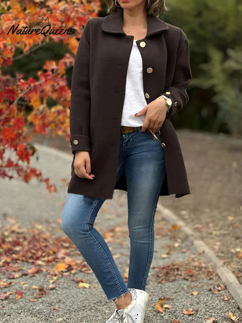 Women's Solid Color Lapel Long Sleeve Casual Wool Cardigan Coat