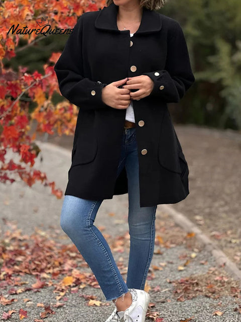 Women's Solid Color Lapel Long Sleeve Casual Wool Cardigan Coat