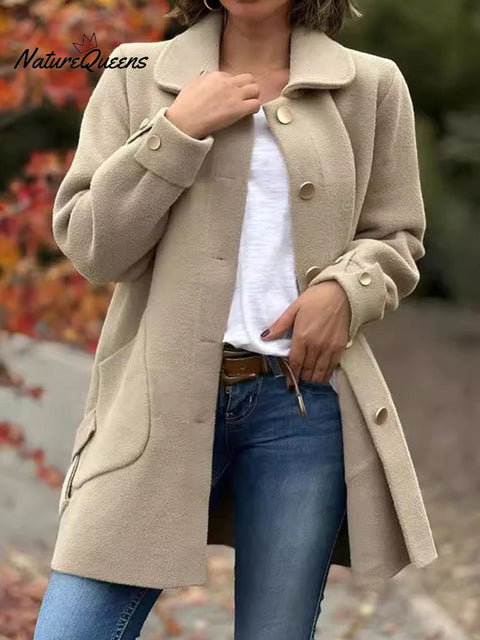 Women's Solid Color Lapel Long Sleeve Casual Wool Cardigan Coat