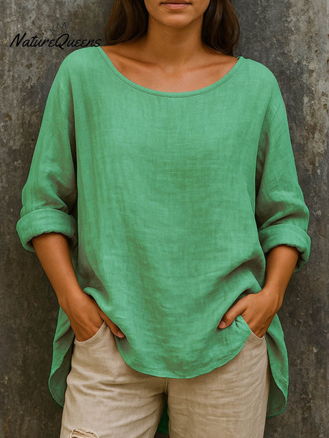 Women's Solid Color Round Neck Casual Cotton and Linen Long Sleeve Top