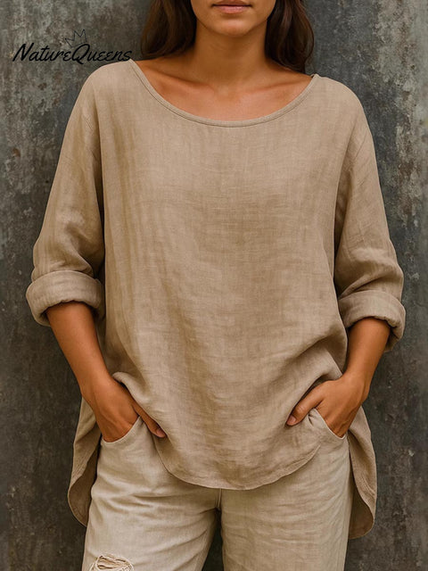 Women's Solid Color Round Neck Casual Cotton and Linen Long Sleeve Top