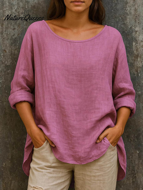 Women's Solid Color Round Neck Casual Cotton and Linen Long Sleeve Top