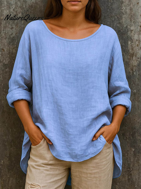 Women's Solid Color Round Neck Casual Cotton and Linen Long Sleeve Top