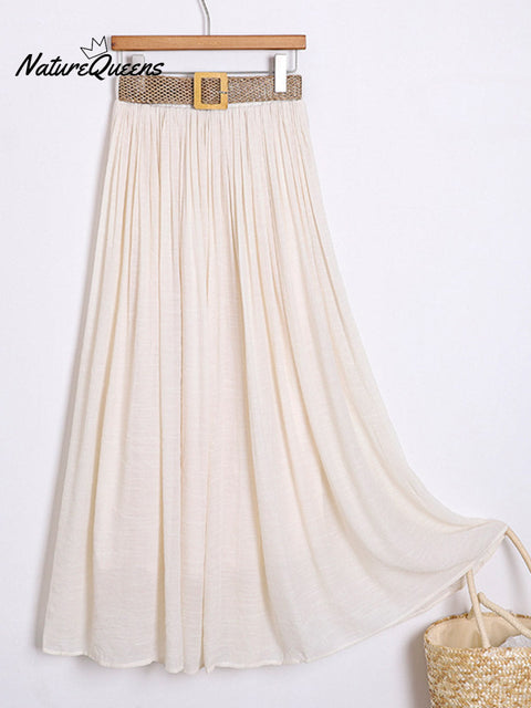 Women's Solid Color Elastic Waist Braided Belt Casual Cotton and Linen Skirt