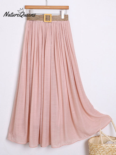 Women's Solid Color Elastic Waist Braided Belt Casual Cotton and Linen Skirt