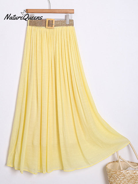 Women's Solid Color Elastic Waist Braided Belt Casual Cotton and Linen Skirt