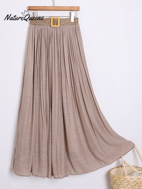 Women's Solid Color Elastic Waist Braided Belt Casual Cotton and Linen Skirt
