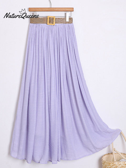 Women's Solid Color Elastic Waist Braided Belt Casual Cotton and Linen Skirt