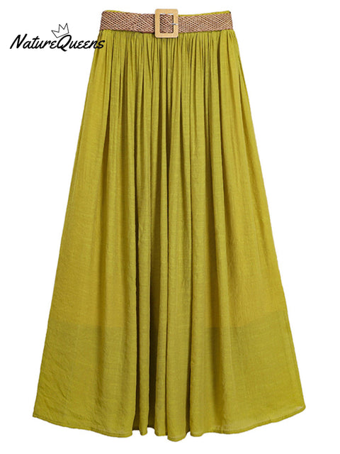 Women's Solid Color Elastic Waist Braided Belt Casual Cotton and Linen Skirt