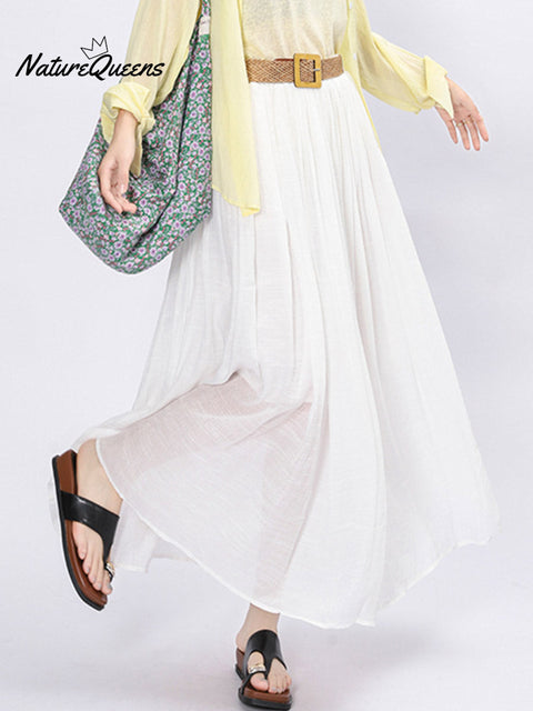 Women's Solid Color Elastic Waist Braided Belt Casual Cotton and Linen Skirt