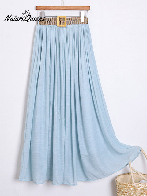 Women's Solid Color Elastic Waist Braided Belt Casual Cotton and Linen Skirt