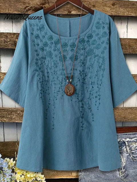 Women's Round Neck Solid Color Embroidered  3/4 Sleeve Casual Cotton and Linen Top