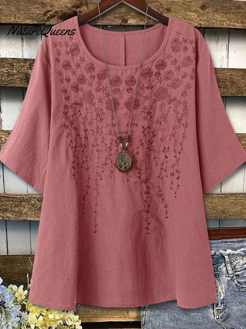 Women's Round Neck Solid Color Embroidered  3/4 Sleeve Casual Cotton and Linen Top