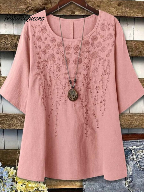 Women's Round Neck Solid Color Embroidered  3/4 Sleeve Casual Cotton and Linen Top